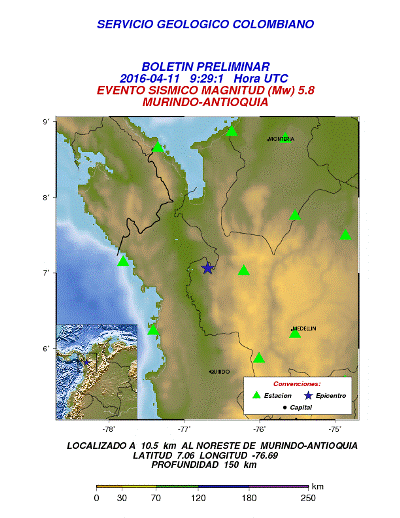 Violento sismo de 5.8 grados en la escala de Richter se registró en el noroccidente de Colombia