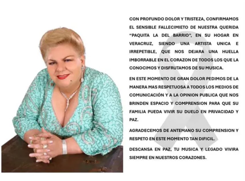 Falleció la cantante mexicana Paquita la del Barrio