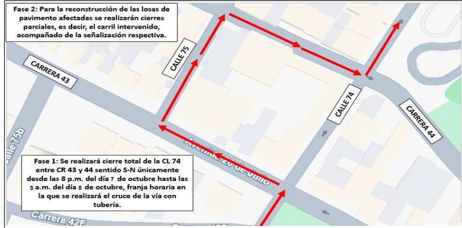 Cierre nocturno parcial en la calle 74 entre carreras 43 y 44 por obras de pavimentación