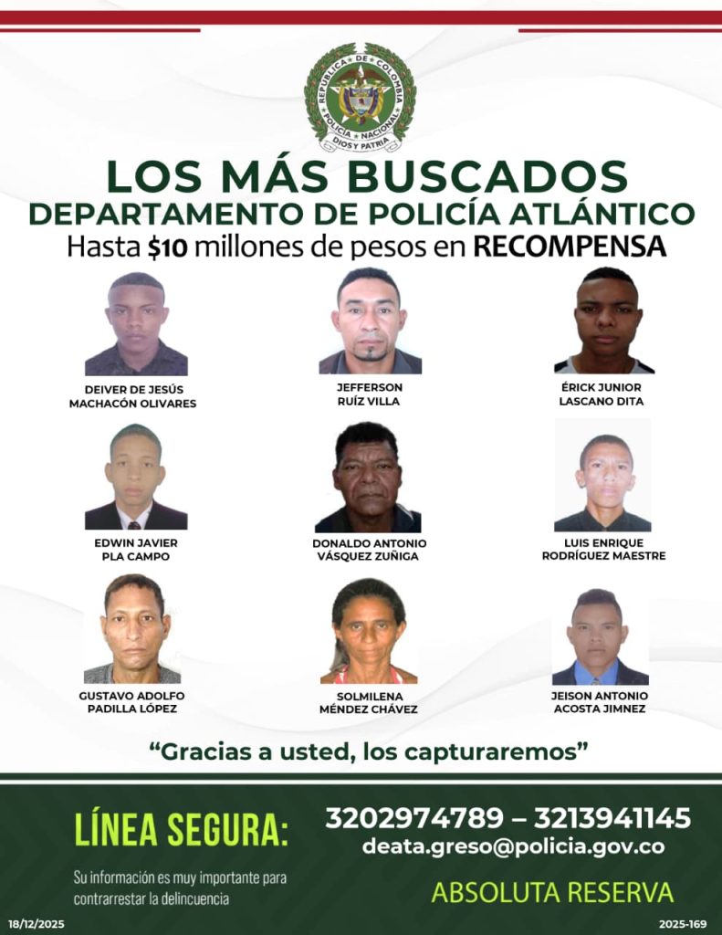 Policía del Atlántico revela cartel de los delincuentes más buscados del departamento