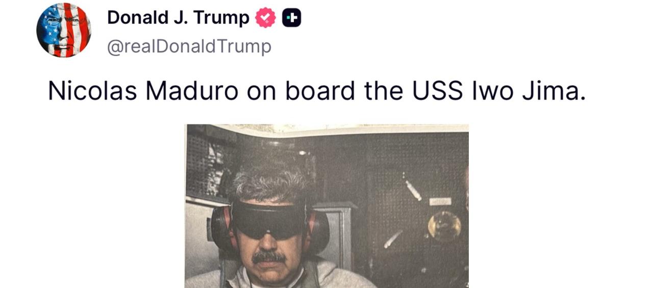 Trump publica la primera imagen de Nicolás Maduro capturado a bordo de un buque militar de EE. UU.