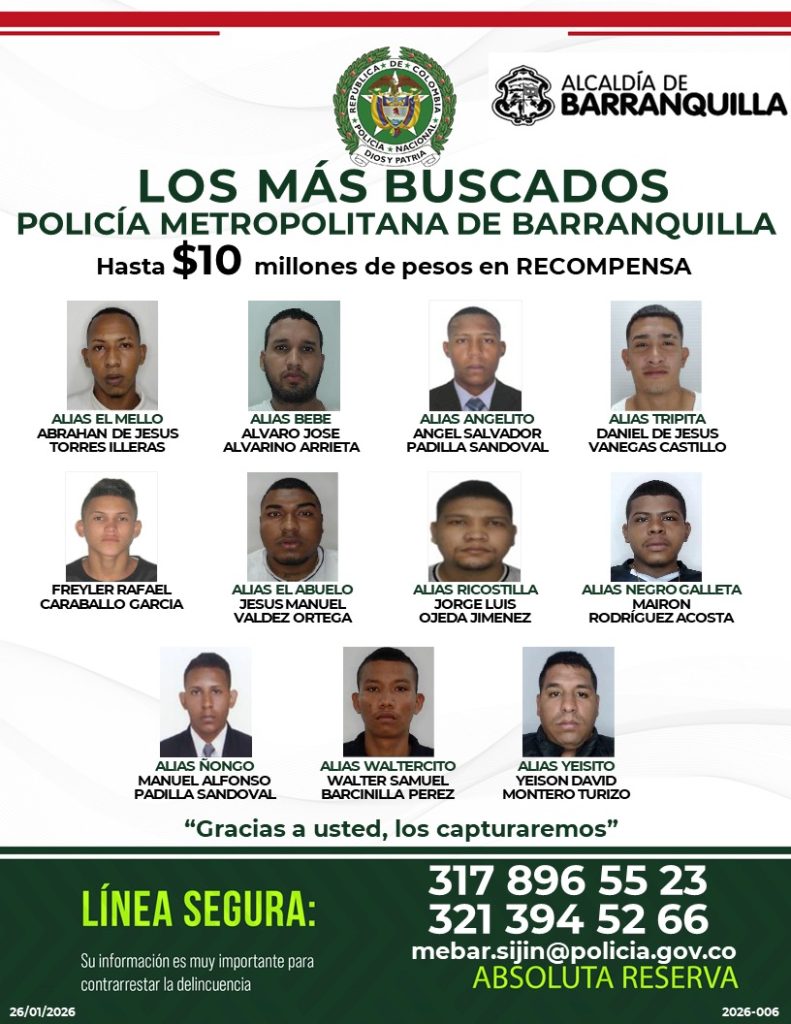 Policía de Barranquilla publica cartel de los más buscados por homicidio y otros delitos de alto impacto