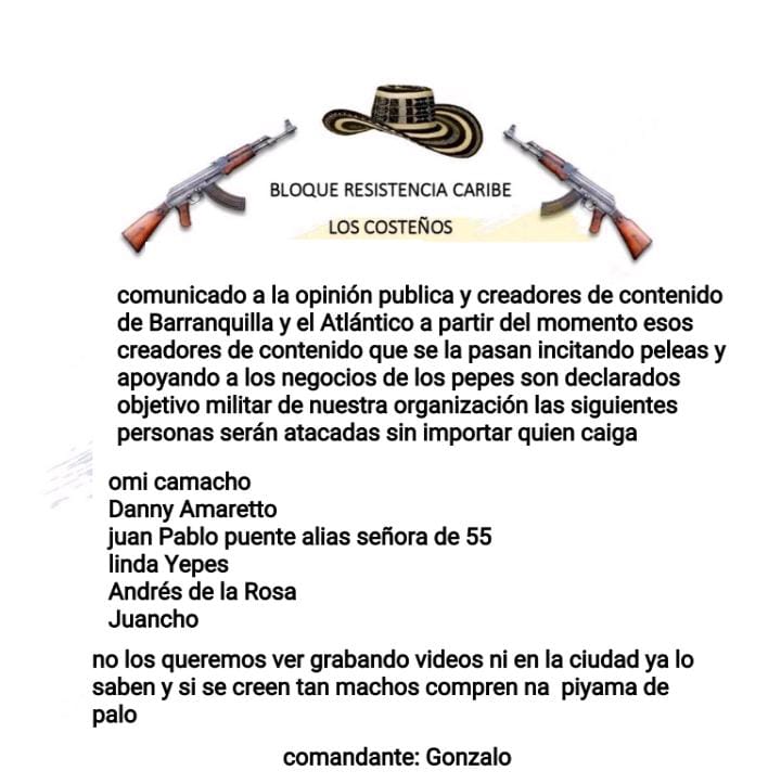 Panfleto atribuido a ‘Los Costeños’ amenaza a varios creadores de contenido en Barranquilla