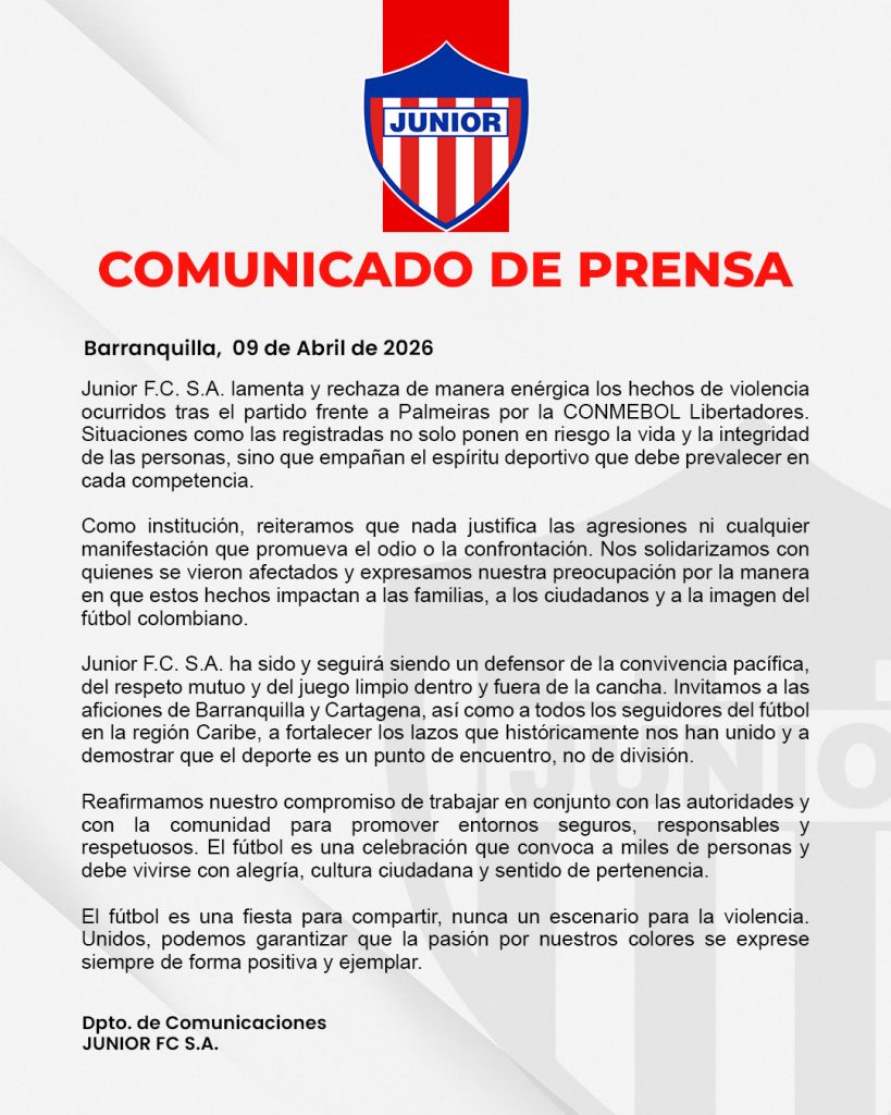 Junior rechaza violencia entre hinchas en Cartagena y lamenta muerte de aficionado