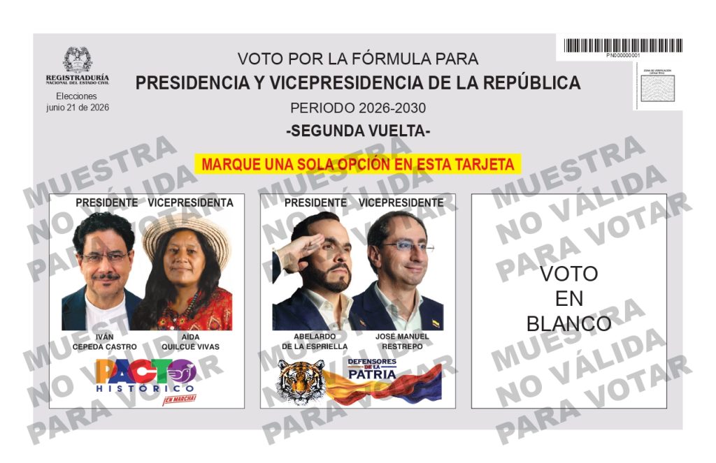 Así será el tarjetón para la segunda vuelta presidencial del 21 de junio