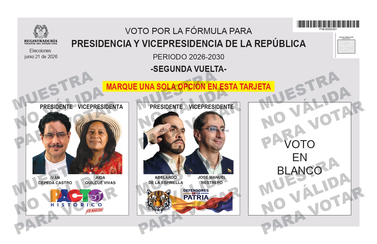 Así será el tarjetón para la segunda vuelta presidencial del 21 de junio