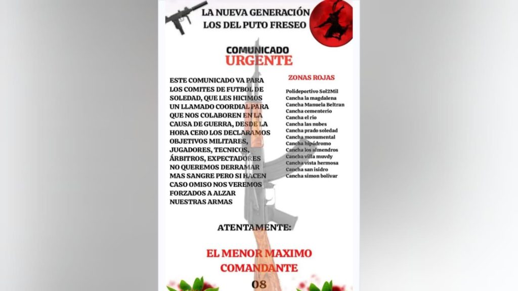 Panfleto atribuido a ‘La Nueva Generación de Los Costeños’ genera temor en la comunidad futbolística de Barranquilla y Soledad