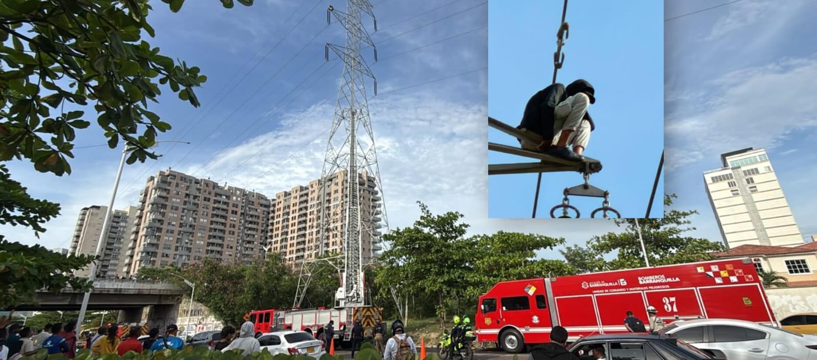 Bomberos rescatan a joven que permaneció 24 horas en una torre de energía en Barranquilla: recibe atención psicológica y psiquiátrica